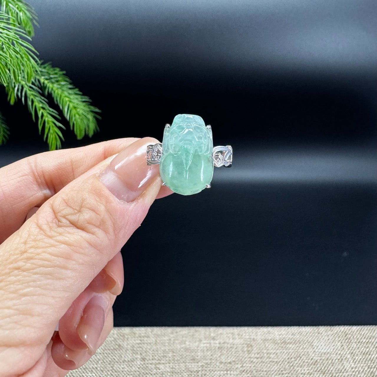 RealJade® 18K White Gold Light Green Jadeite Jade PiXiu Ring
