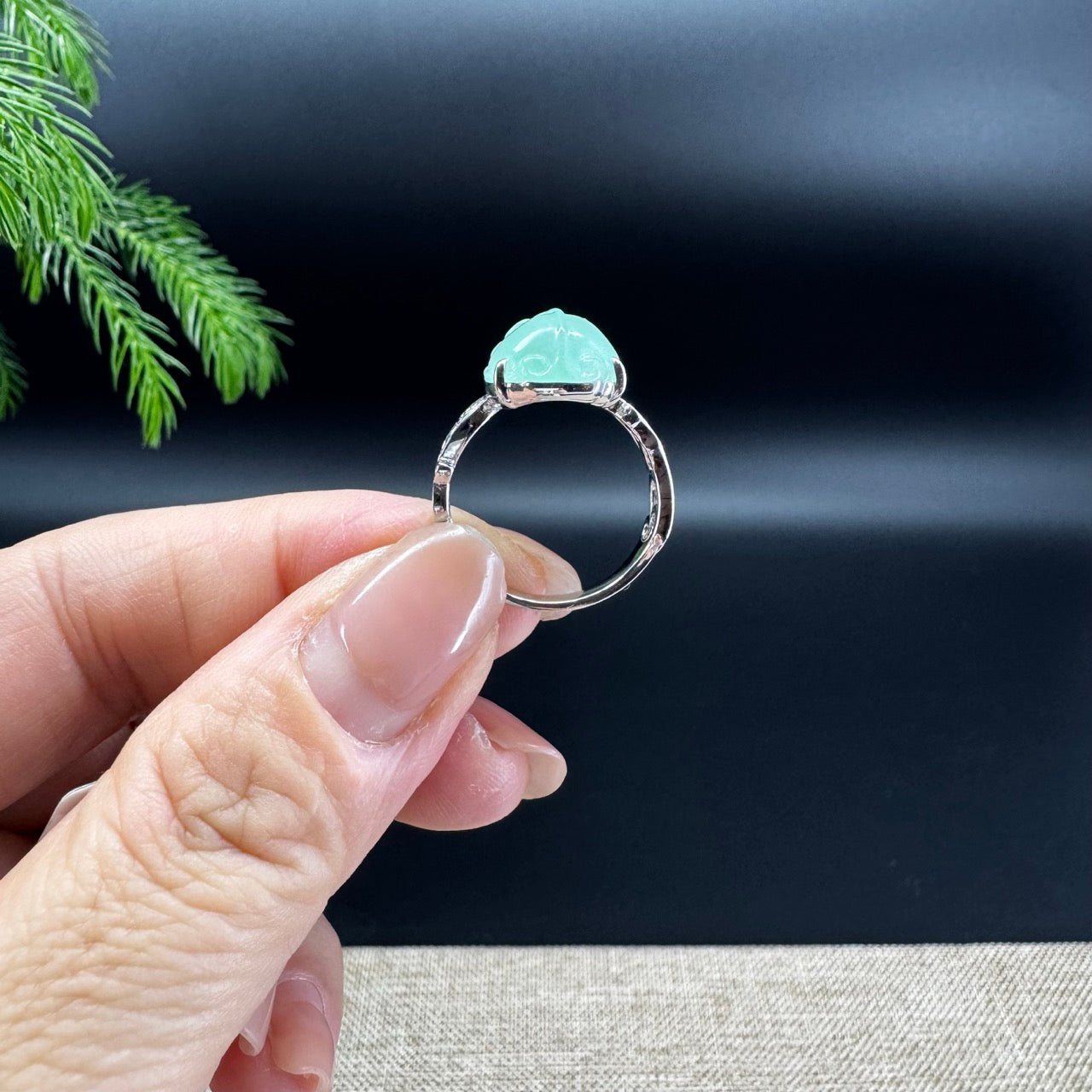 RealJade® 18K White Gold Light Green Jadeite Jade PiXiu Ring