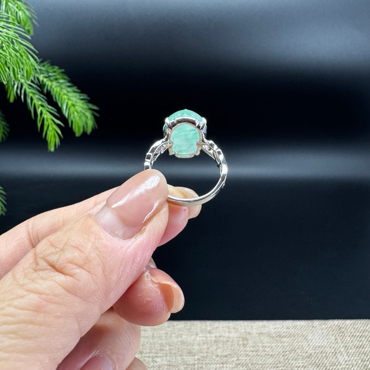 RealJade® 18K White Gold Light Green Jadeite Jade PiXiu Ring