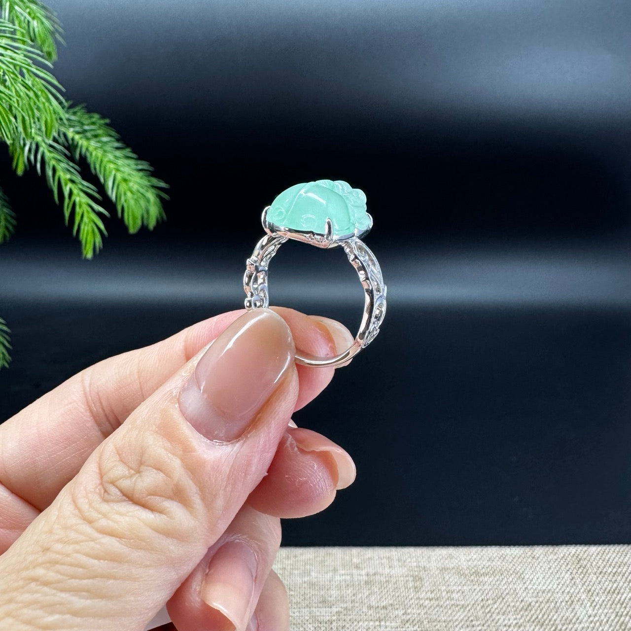 RealJade® 18K White Gold Light Green Jadeite Jade PiXiu Ring