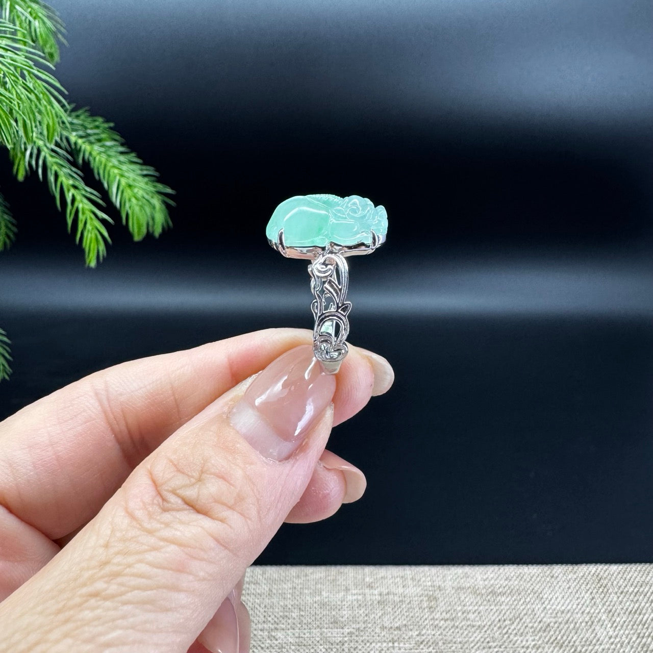 RealJade® 18K White Gold Light Green Jadeite Jade PiXiu Ring