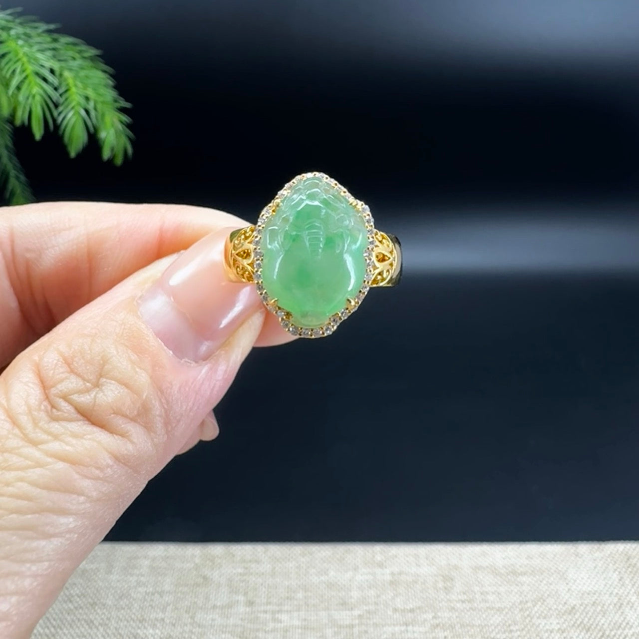 RealJade® "Signature Signet" 18K Yellow Gold Icy Green Jadeite Jade Diamonds Triangular Toad Ring