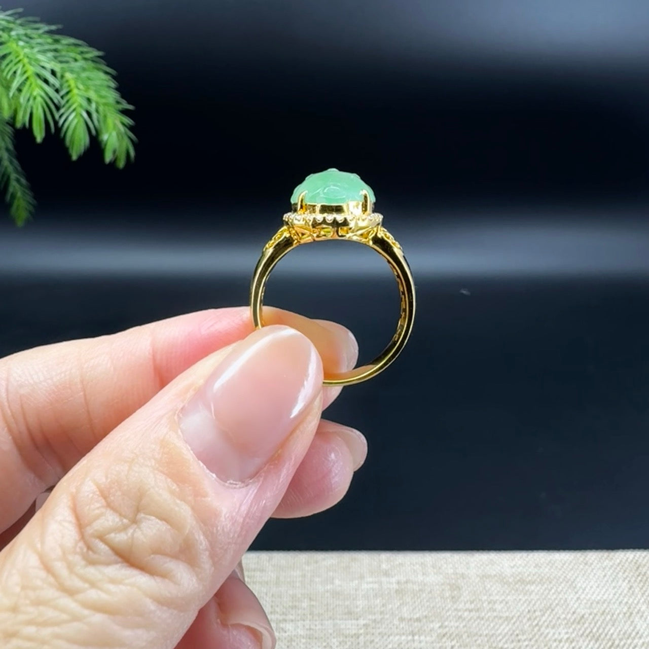 RealJade® "Signature Signet" 18K Yellow Gold Icy Green Jadeite Jade Diamonds Triangular Toad Ring