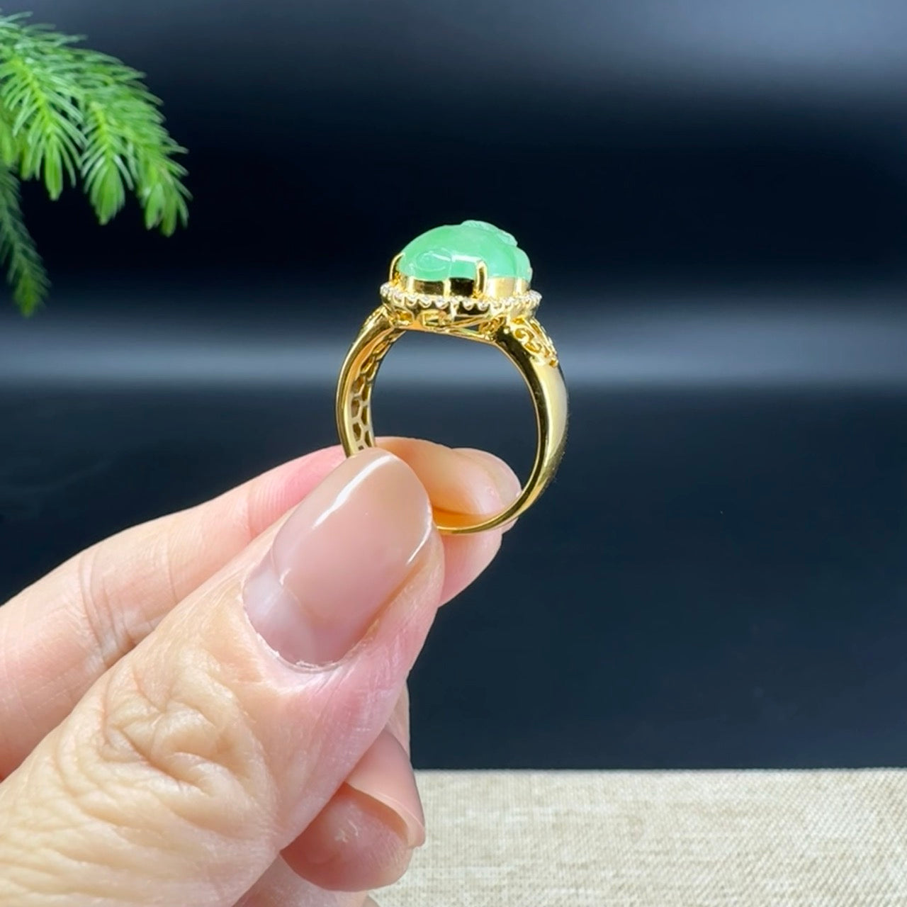 RealJade® "Signature Signet" 18K Yellow Gold Icy Green Jadeite Jade Diamonds Triangular Toad Ring