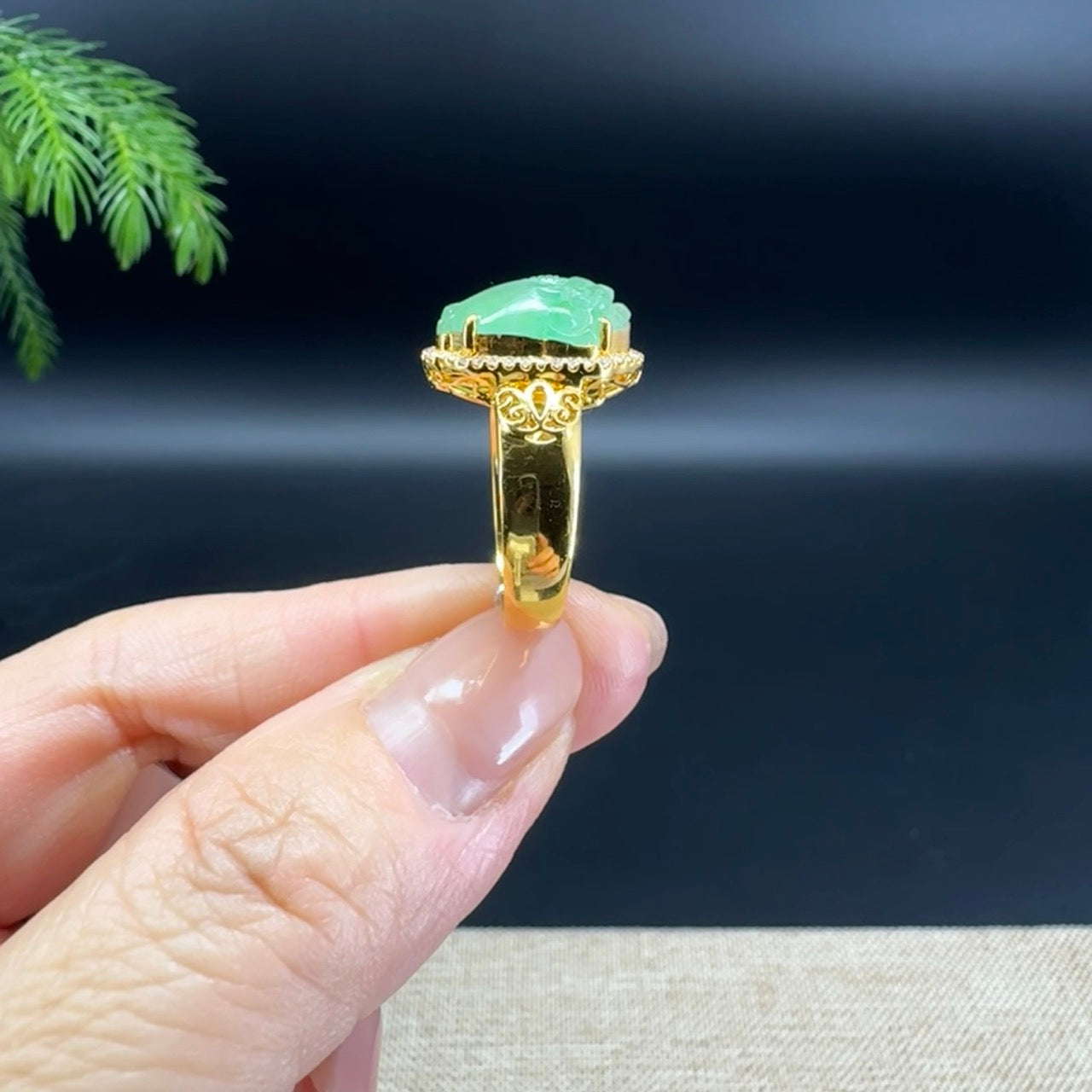 RealJade® "Signature Signet" 18K Yellow Gold Icy Green Jadeite Jade Diamonds Triangular Toad Ring