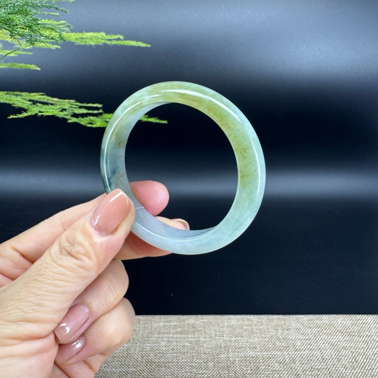 Genuine Burmese Blue Flower Green Jade Jadeite Bangle Bracelet (53.9mm*47.3mm)