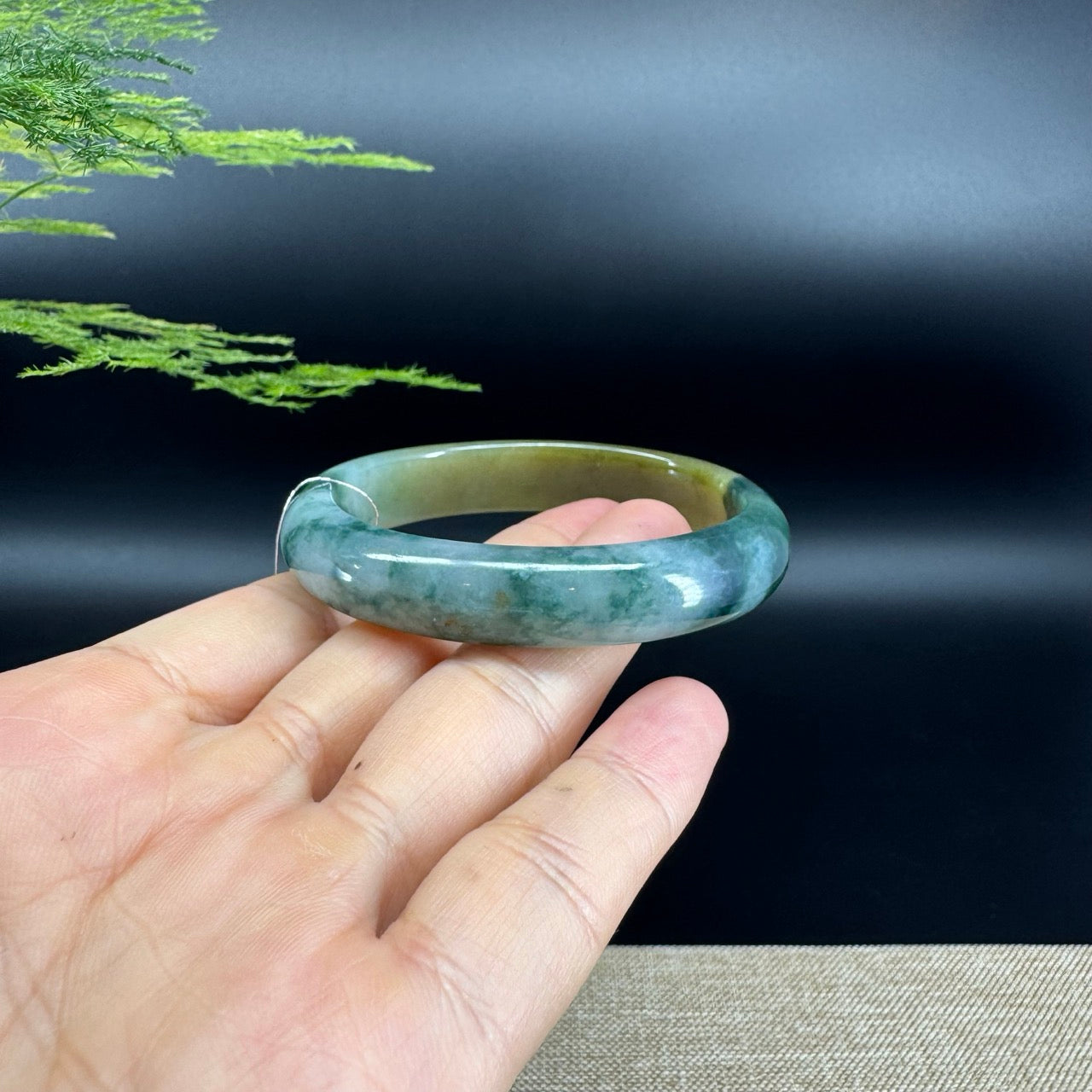 Genuine Burmese Blue Flower Yellow Jade Jadeite Bangle Bracelet ( 54.6mm*47.1 )