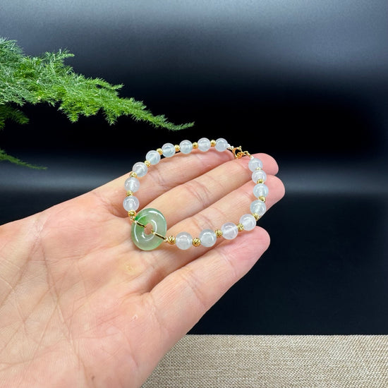 18K Yellow Gold Money Beads With Green Koukou & Icy Beads Bracelet (6mm)