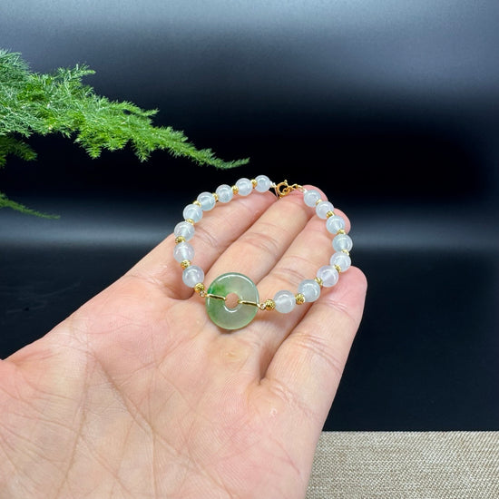 18K Yellow Gold Money Beads With Green Koukou & Icy Beads Bracelet (6mm)