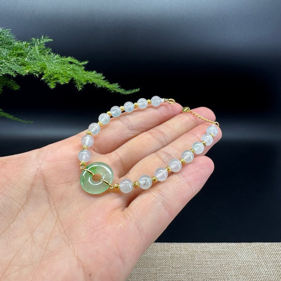 18K Yellow Gold Money Beads With Green Koukou & Icy Beads Bracelet (6mm)