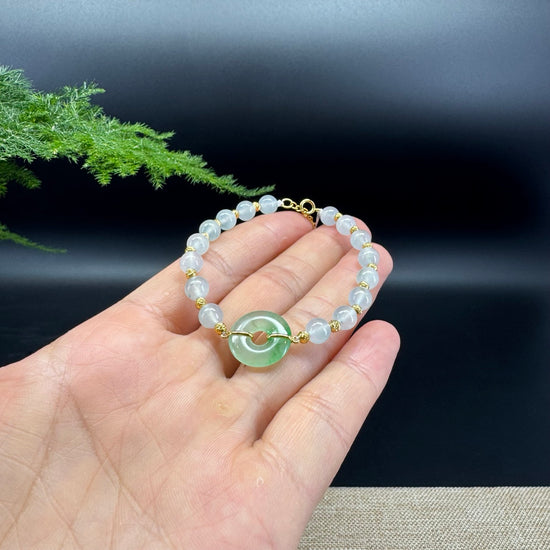 18K Yellow Gold Money Beads With Green Koukou & Icy Beads Bracelet (6mm)