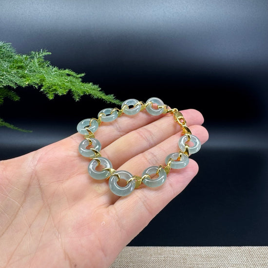 18K Yellow Gold Icy Blue Jadeite Jade Koukou Bracelet