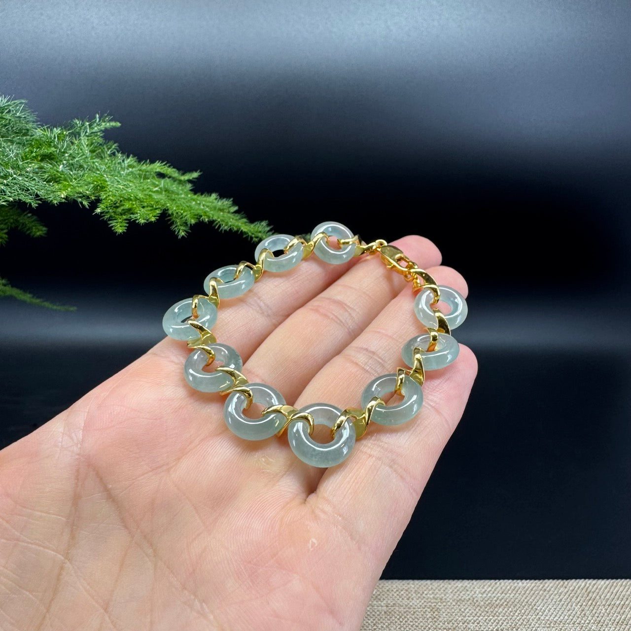 18K Yellow Gold Icy Blue Jadeite Jade Koukou Bracelet