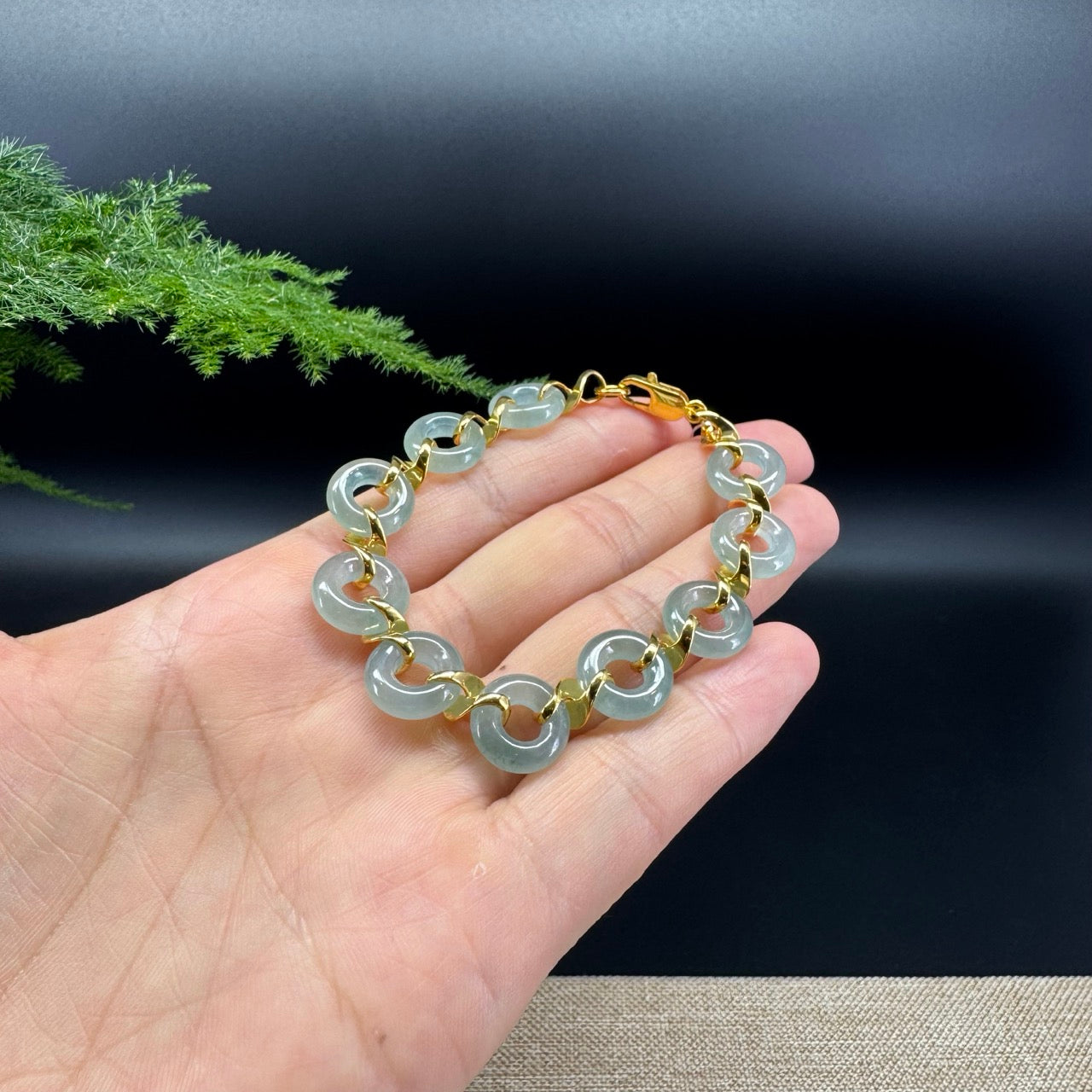 18K Yellow Gold Icy Blue Jadeite Jade Koukou Bracelet