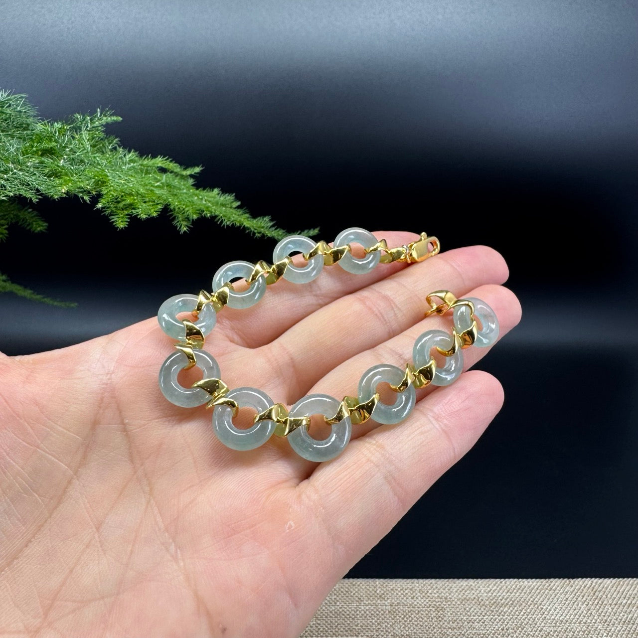 18K Yellow Gold Icy Blue Jadeite Jade Koukou Bracelet