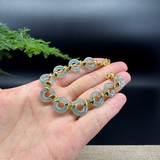 18K Yellow Gold Icy Blue Jadeite Jade Koukou Bracelet