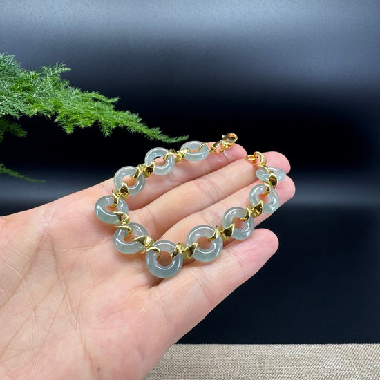 18K Yellow Gold Icy Blue Jadeite Jade Koukou Bracelet