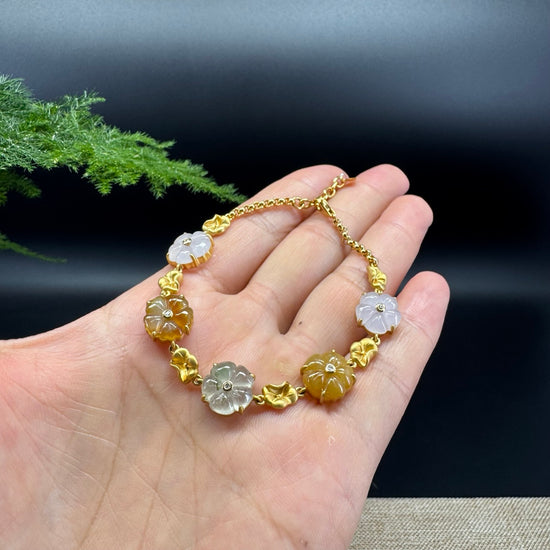 18K Yellow Gold Multi-Color Flowers Jadeite Jade Bracelet