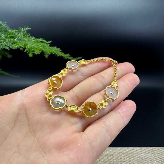 18K Yellow Gold Multi-Color Flowers Jadeite Jade Bracelet
