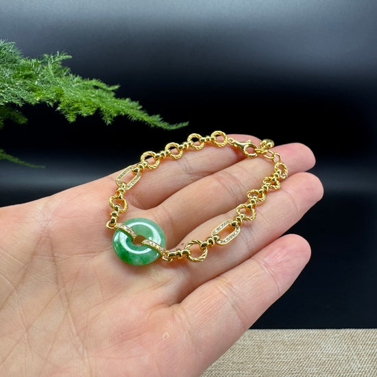 18K Yellow Gold Spicy Green Jadeite Jade Koukou Bracelet With Diamonds