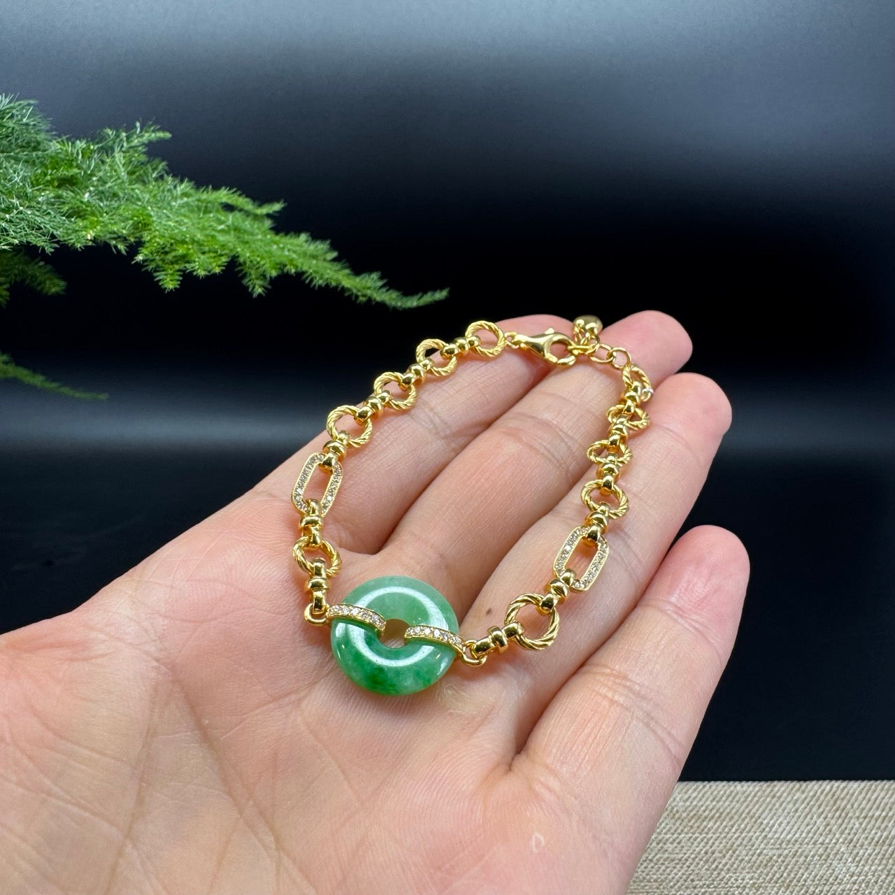 18K Yellow Gold Spicy Green Jadeite Jade Koukou Bracelet With Diamonds