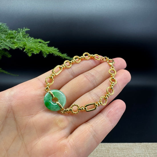 18K Yellow Gold Spicy Green Jadeite Jade Koukou Bracelet With Diamonds