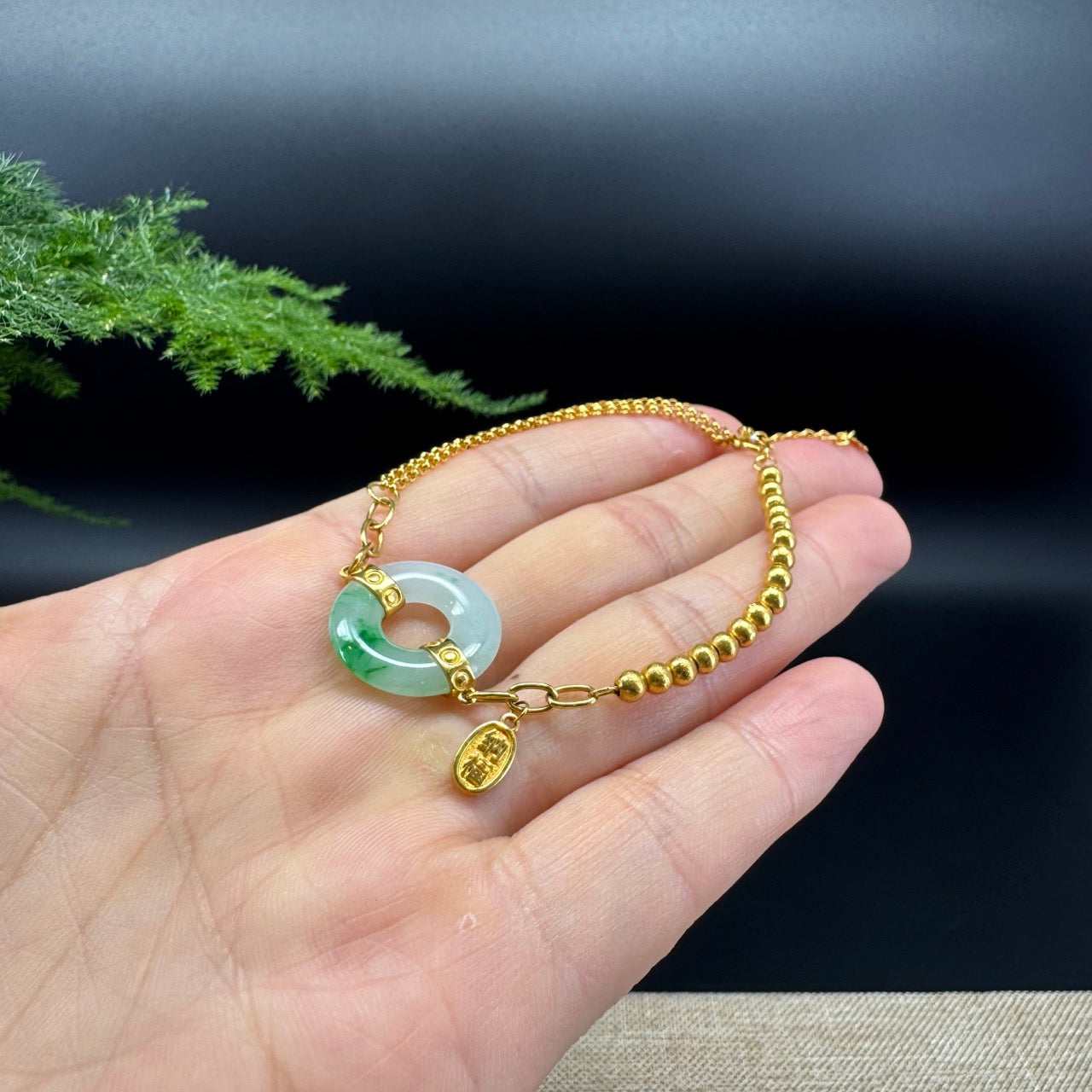 18K Yellow Gold White Green Jadeite Jade KouKou Bracelet
