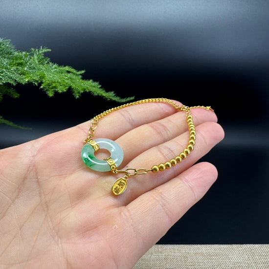 18K Yellow Gold White Green Jadeite Jade KouKou Bracelet