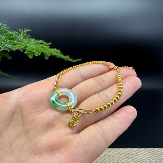 18K Yellow Gold White Green Jadeite Jade KouKou Bracelet