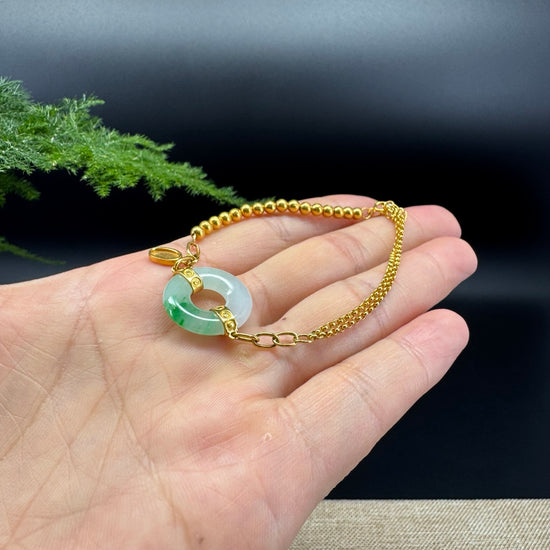 18K Yellow Gold White Green Jadeite Jade KouKou Bracelet