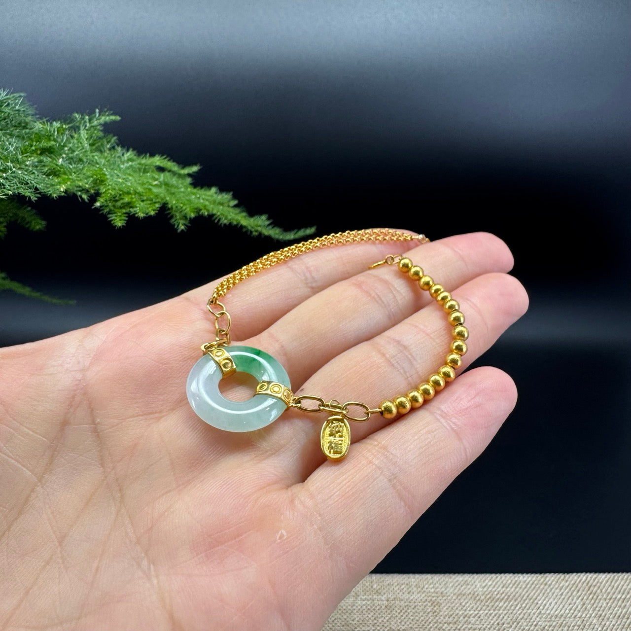 18K Yellow Gold White Green Jadeite Jade KouKou Bracelet