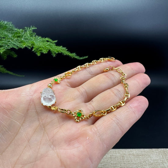 18K Yellow Gold Bracelet Set With Icy Jadeite Jade Pixiu