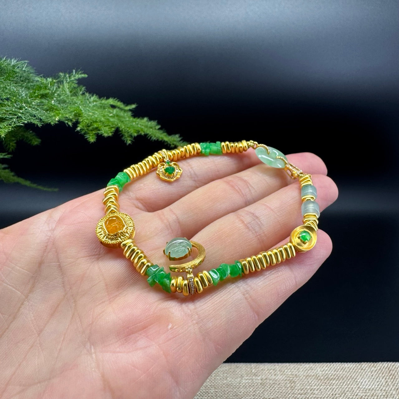 18K Yellow Gold & Imperial Jadeite Jade Bracelet with Unique Charms