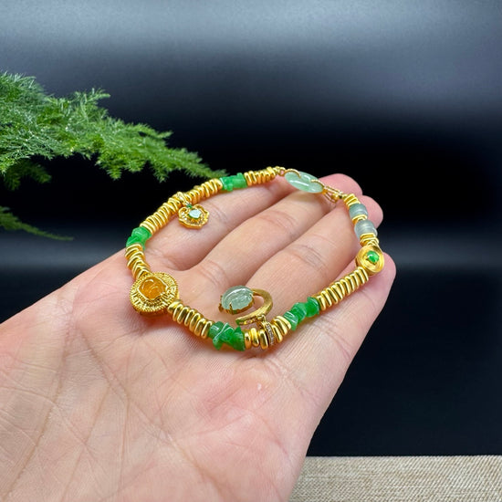 18K Yellow Gold & Imperial Jadeite Jade Bracelet with Unique Charms