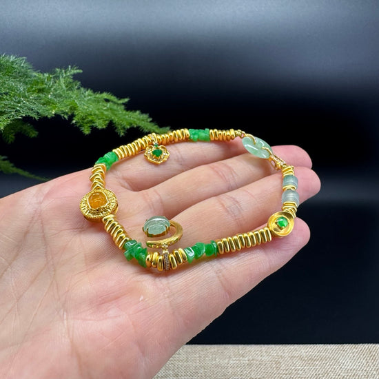 18K Yellow Gold & Imperial Jadeite Jade Bracelet with Unique Charms