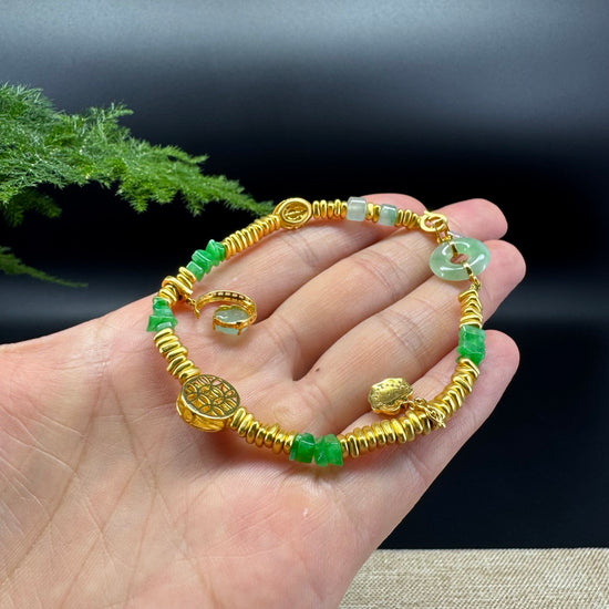 18K Yellow Gold & Imperial Jadeite Jade Bracelet with Unique Charms