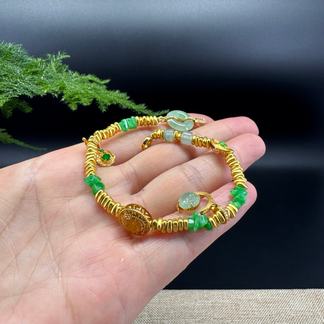 18K Yellow Gold & Imperial Jadeite Jade Bracelet with Unique Charms