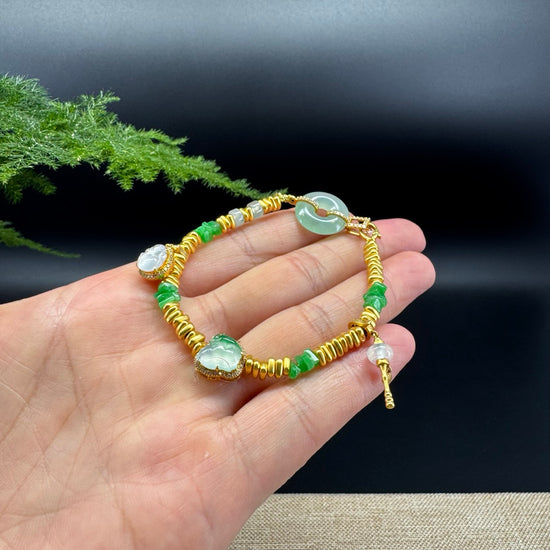 18K Yellow Gold & Imperial Jadeite Jade Beads Bracelet with Unique Charms