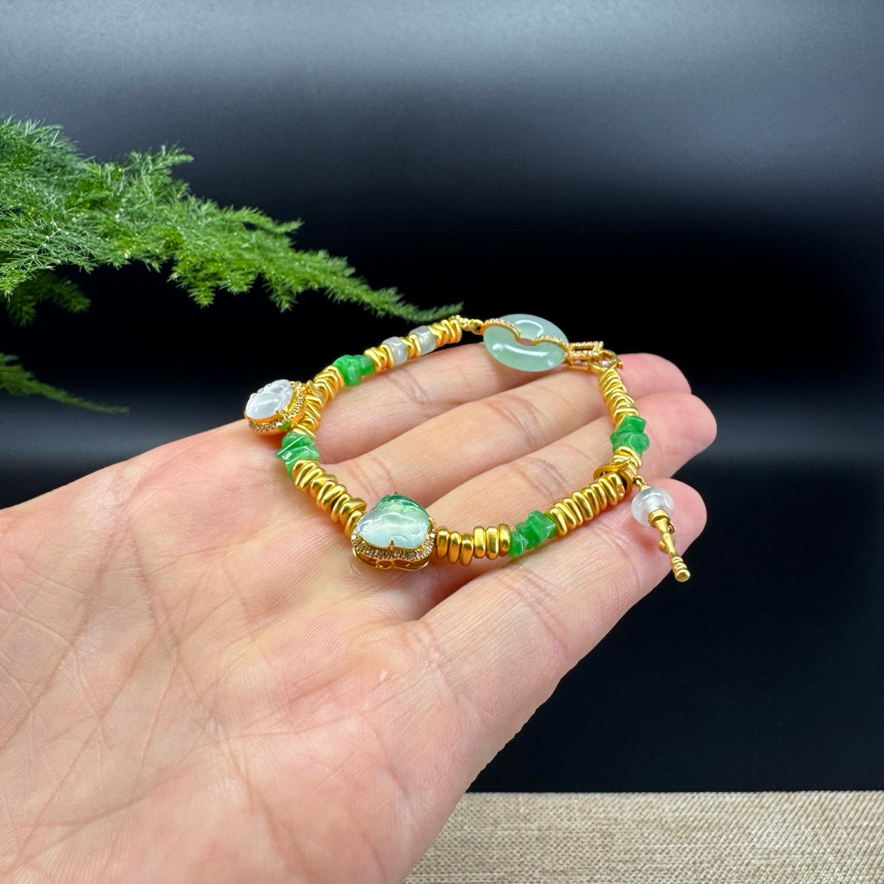 18K Yellow Gold & Imperial Jadeite Jade Beads Bracelet with Unique Charms
