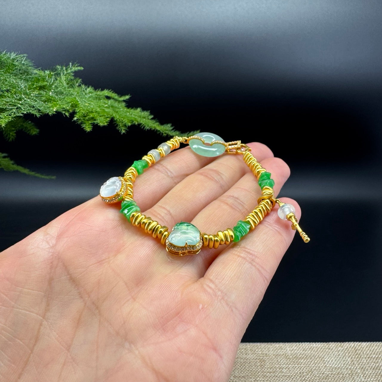 18K Yellow Gold & Imperial Jadeite Jade Beads Bracelet with Unique Charms