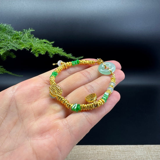 18K Yellow Gold & Imperial Jadeite Jade Beads Bracelet with Unique Charms