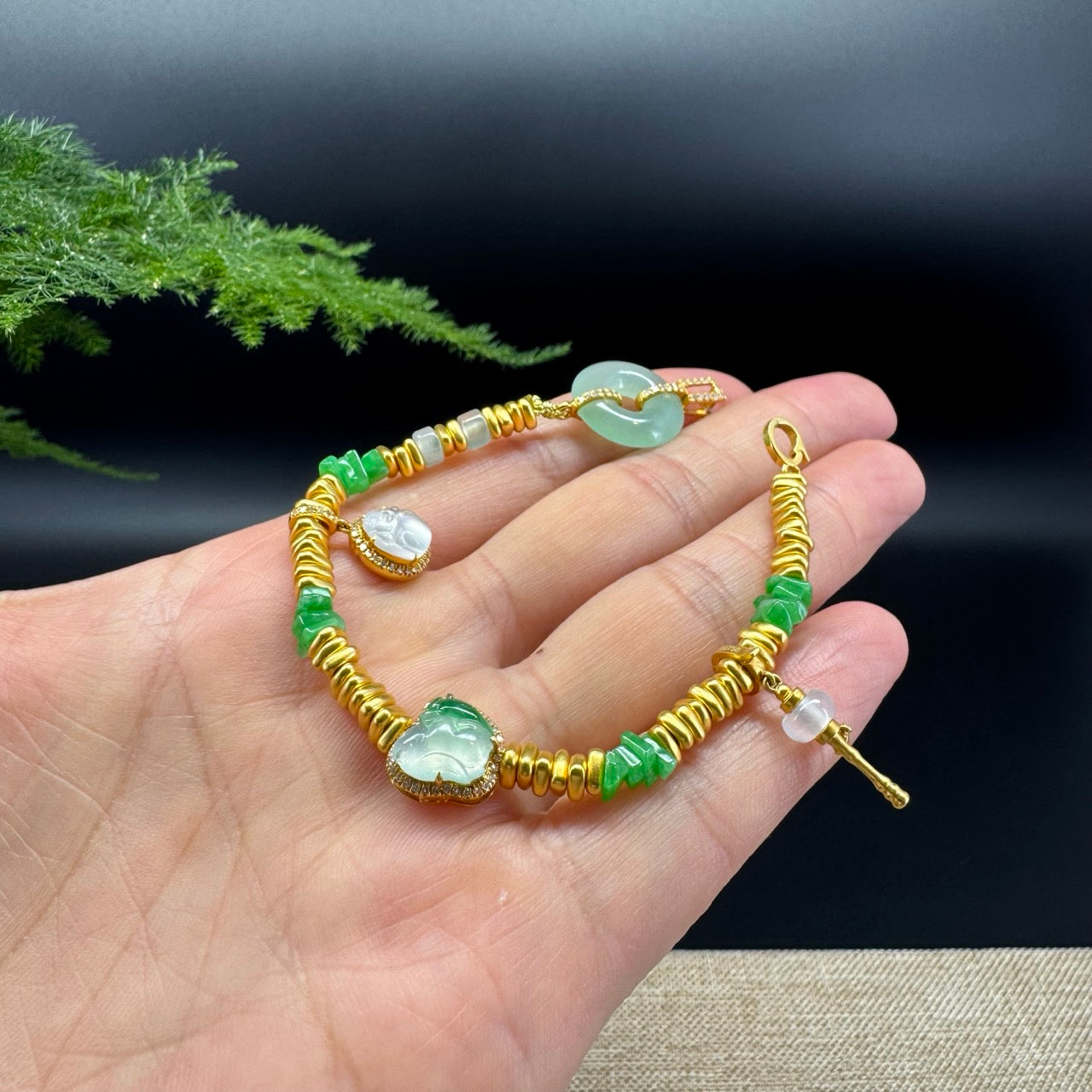18K Yellow Gold & Imperial Jadeite Jade Beads Bracelet with Unique Charms