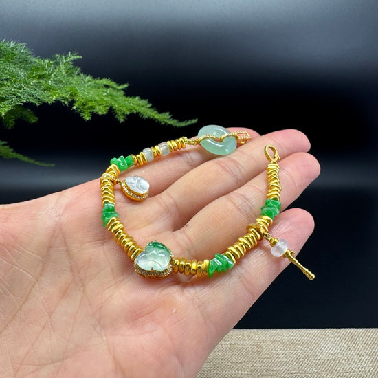 18K Yellow Gold & Imperial Jadeite Jade Beads Bracelet with Unique Charms