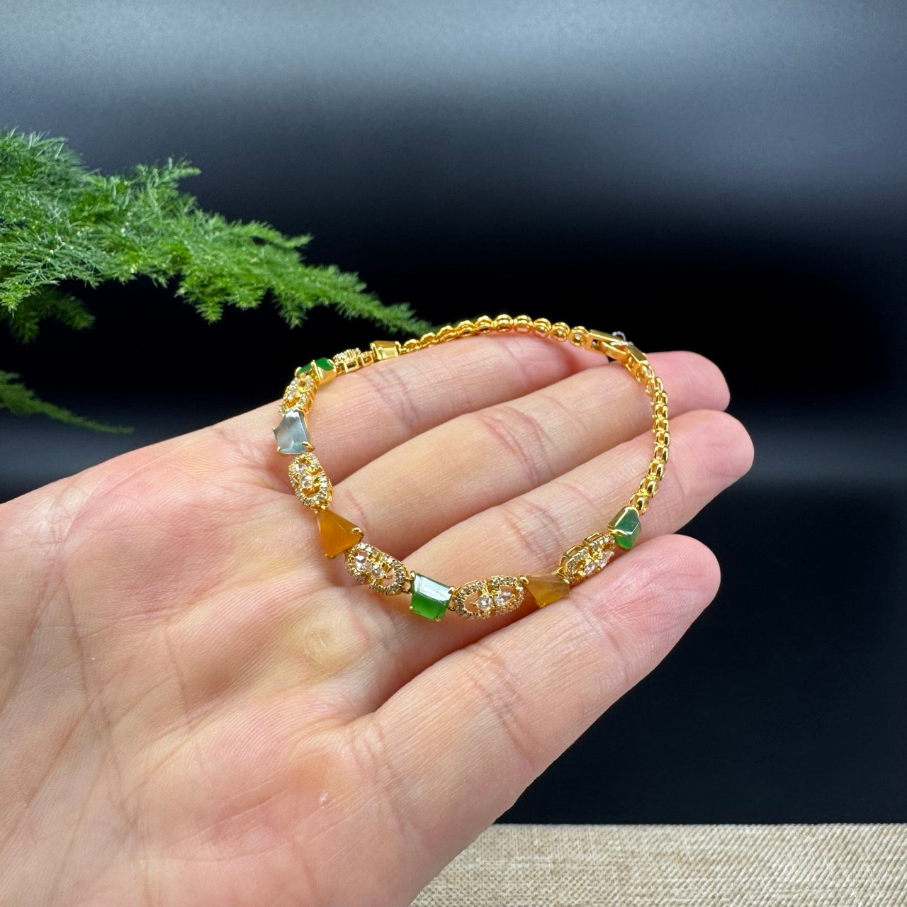 18K Yellow Gold Multi-color Jadeite Jade Bracelet With Diamonds