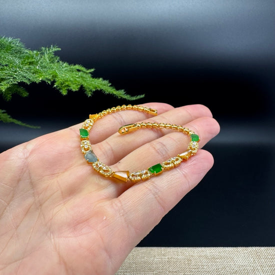 18K Yellow Gold Multi-color Jadeite Jade Bracelet With Diamonds