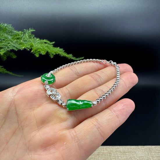18K White Gold Imperial Green Koukou&Bamboo Jadeite Jade Bracelet With Diamonds