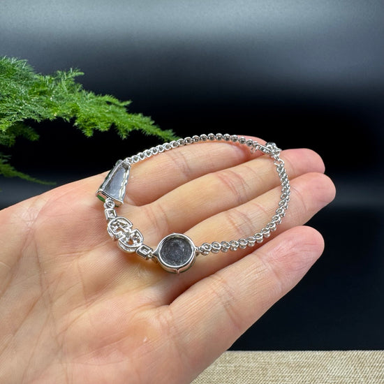 18K White Gold Imperial Green Koukou&Bamboo Jadeite Jade Bracelet With Diamonds