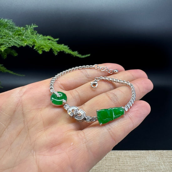 18K White Gold Imperial Green Koukou&Bamboo Jadeite Jade Bracelet With Diamonds