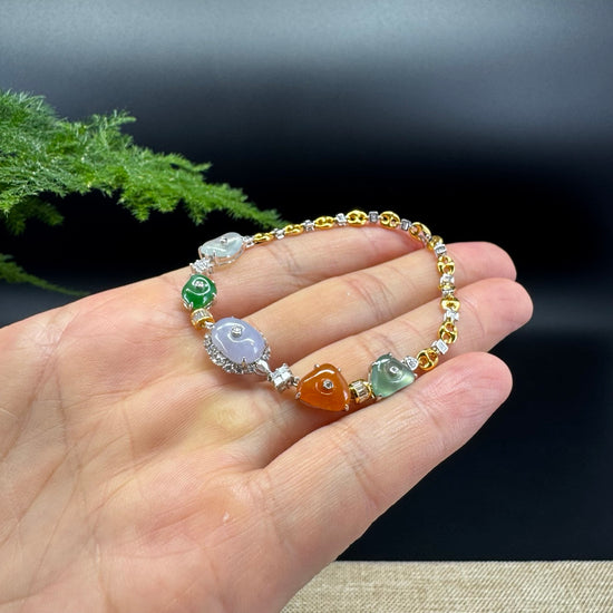 18K Gold Multi-color Dimples Jadeite Jade Bracelet With Diamonds