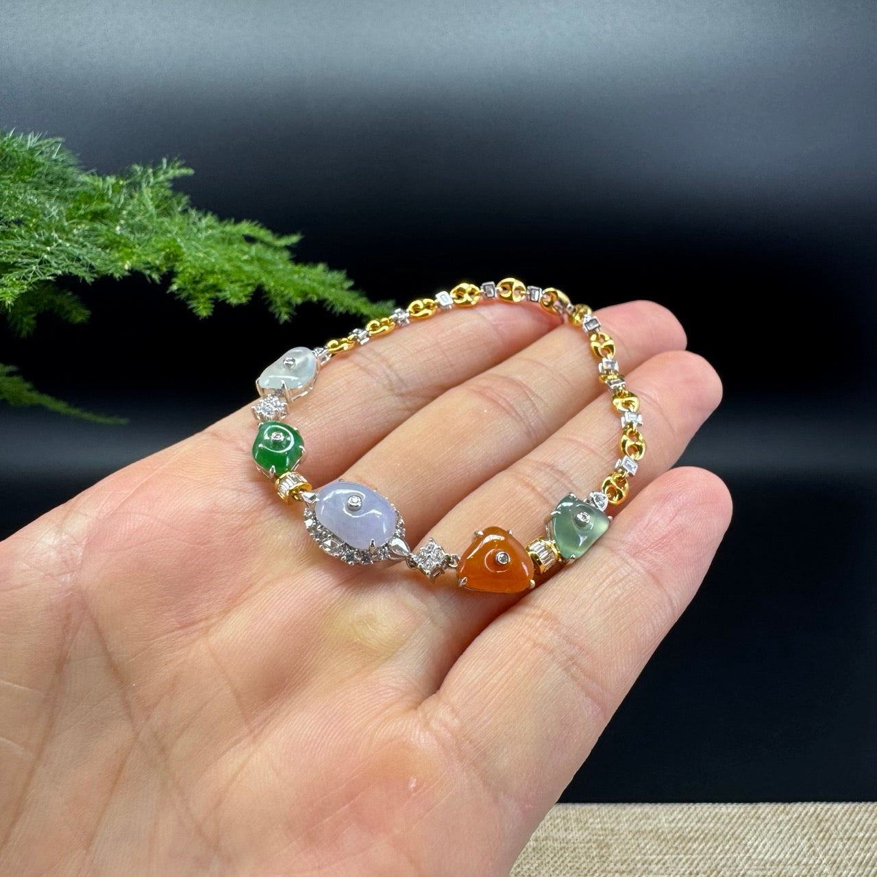 18K Gold Multi-color Dimples Jadeite Jade Bracelet With Diamonds